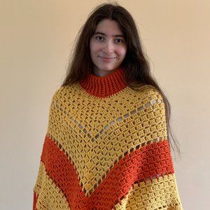 Crocheted Orange Yellow Poncho (One Size Fits Most)